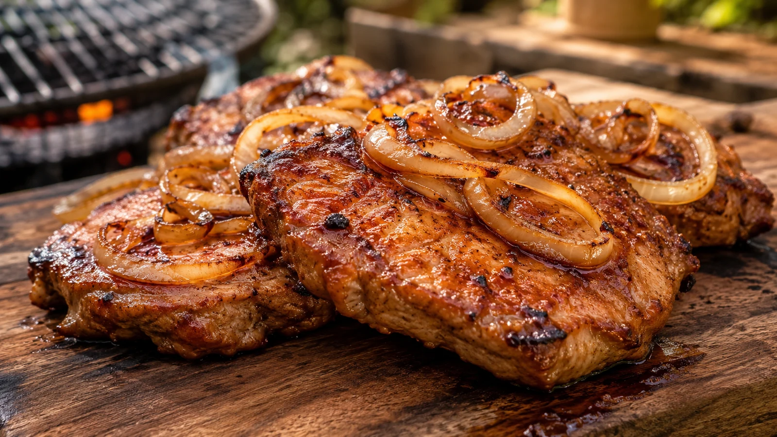 Bier-Zwiebel-Nackensteaks vom Grill mit karamellisierten Zwiebeln auf einem rustikalen Holzbrett