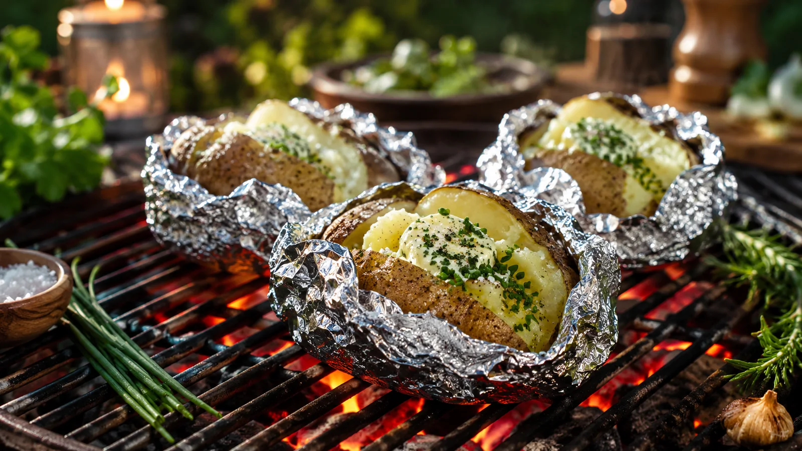 Folienkartoffeln auf dem Grill mit Kräuterbutter und Schnittlauch