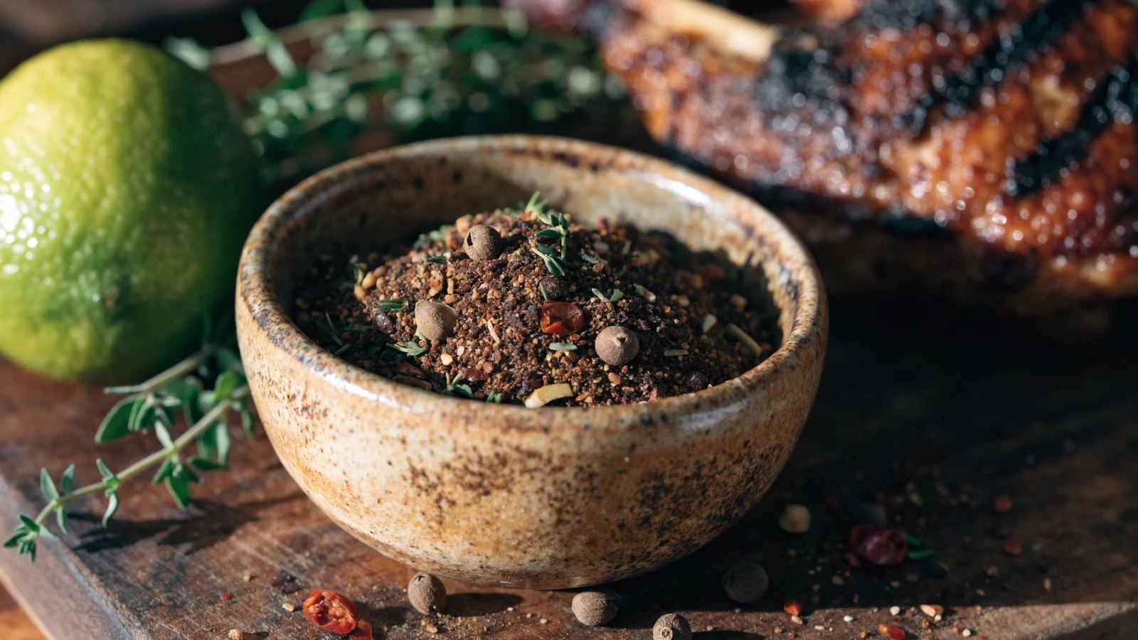 Jamaican Jerk Dry Rub mit Piment, Thymian, Chili und Ingwer neben gegrilltem Hähnchen