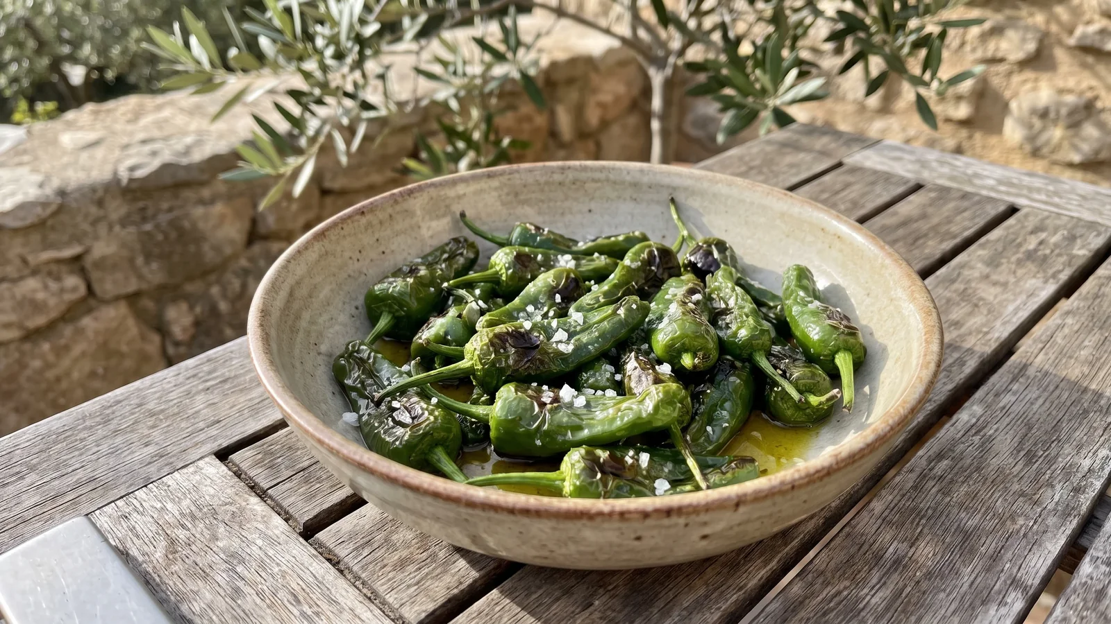 Pimientos de Padrón grillen als realistisches Grillfoto aus Spanien mit frischen Zutaten und Röstaromen