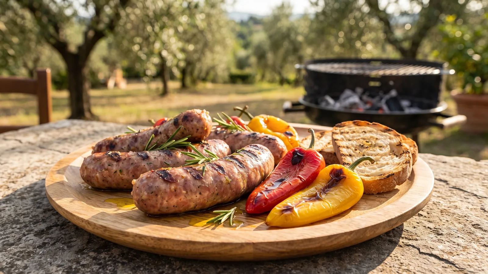 Salsiccia grillen als realistisches Grillfoto aus Italien mit frischen Zutaten und Röstaromen
